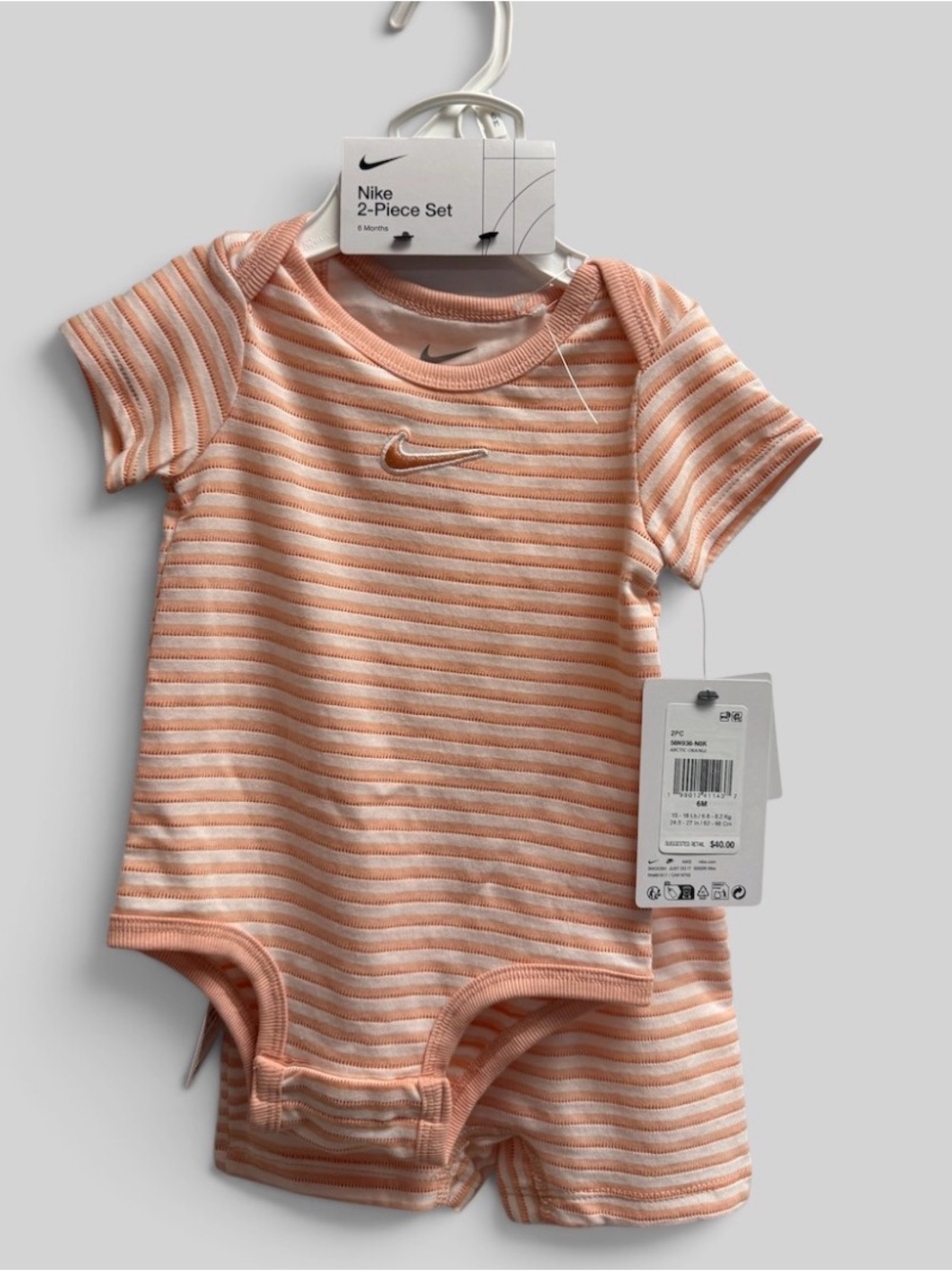 Nike Peach & White Striped Baby One-Piece Bodysuit Set